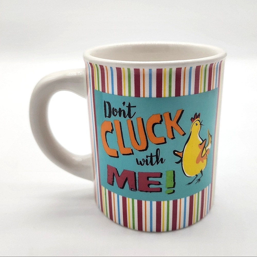DONT CLUCK WITH ME  12oz mug colorful stripes rooster chicken hen coffee tea cup